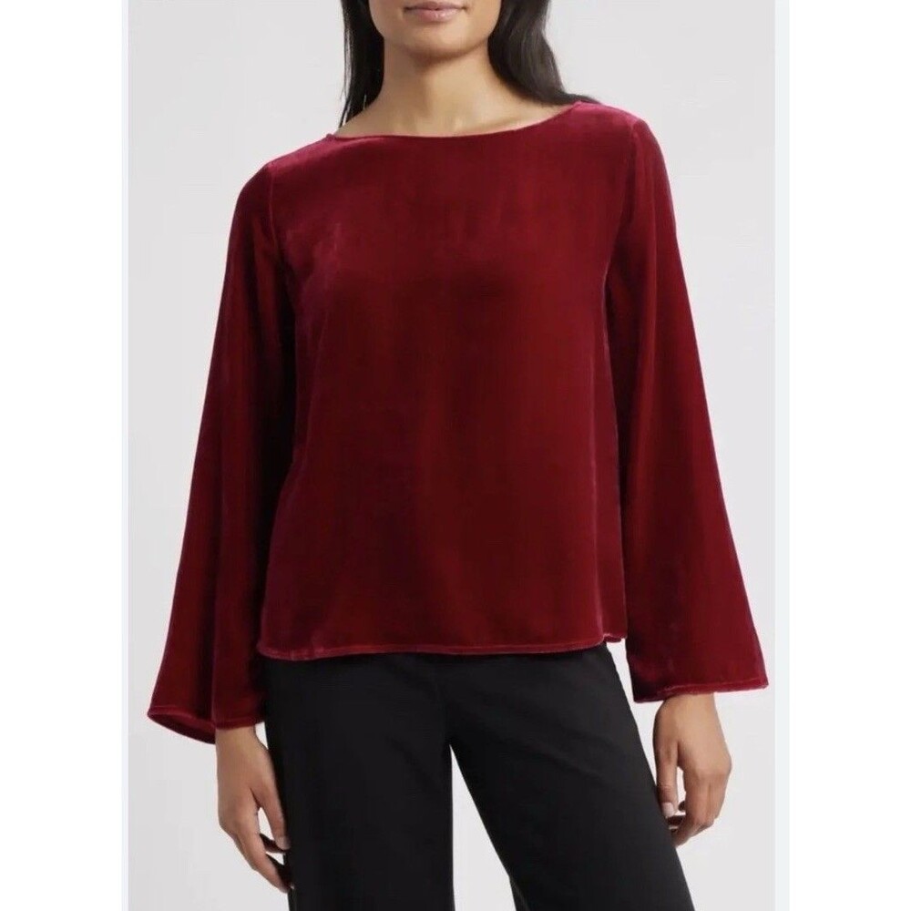 EILEEN FISHER Ruby Red Velvet Bateau Neck Top. Size M